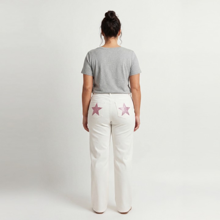 Jeans Wide Leg Mujer Estrellas Glitter Blanco