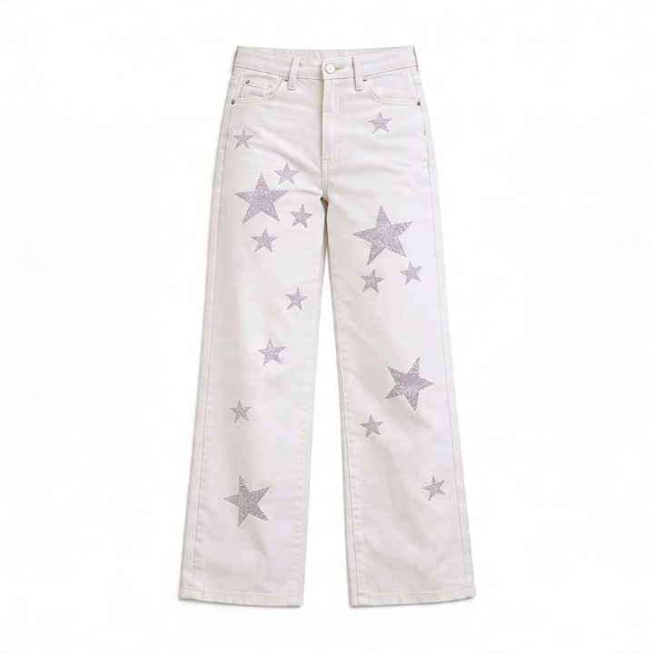 Jeans Wide Leg Mujer Estrellas Glitter Blanco