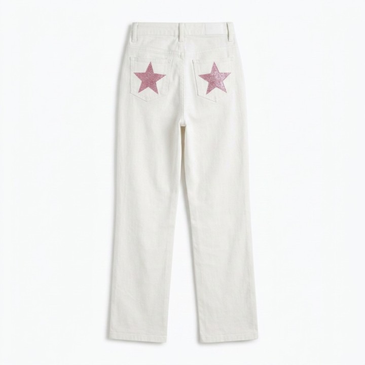 Jeans Wide Leg Mujer Estrellas Glitter Blanco