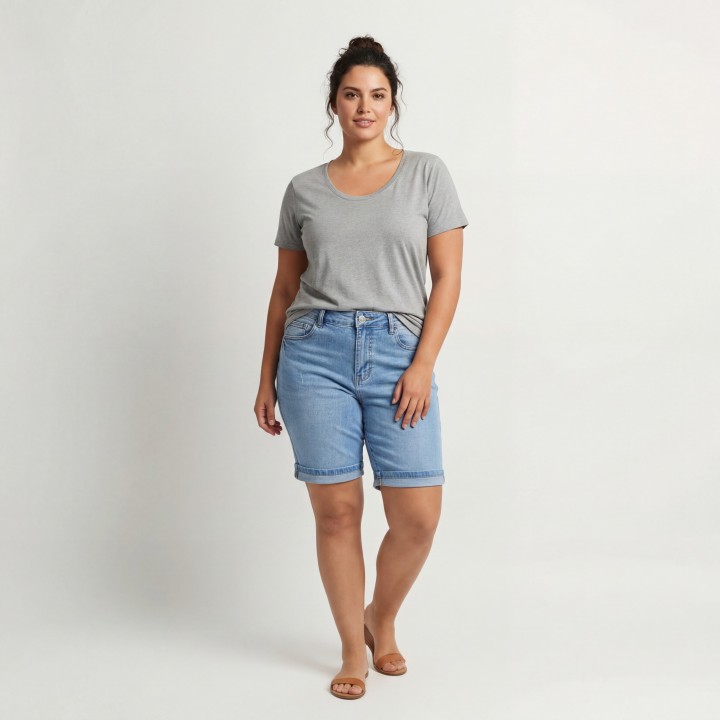 Bermuda Vaquera Mujer Midi Cintura Alta Azul Claro