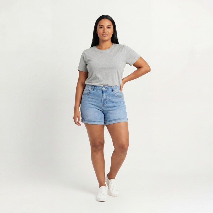 Shorts Vaqueros Mujer Dobladillo Enrollado Azul Claro