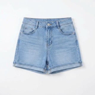 Shorts Vaqueros Mujer Dobladillo Enrollado Azul Claro