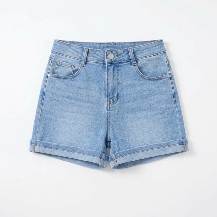 Shorts Vaqueros Mujer Dobladillo Enrollado Azul Claro