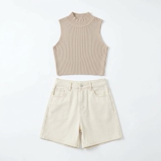 Shorts Vaqueros Mujer Cintura Alta Crema Beis