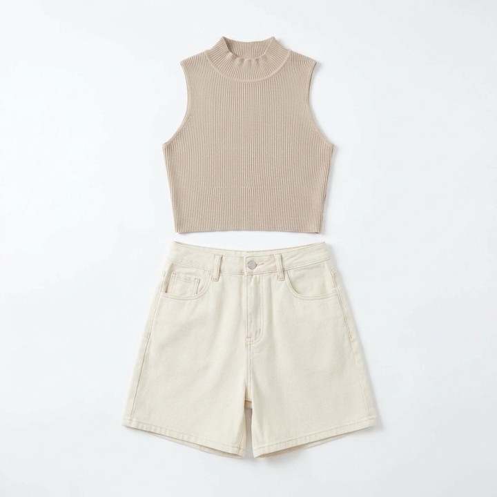 Shorts Vaqueros Mujer Cintura Alta Crema Beis
