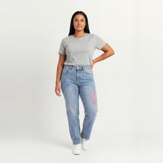 Jeans Rectos Mujer Low Rise Bolsillo Glitter Azul Claro