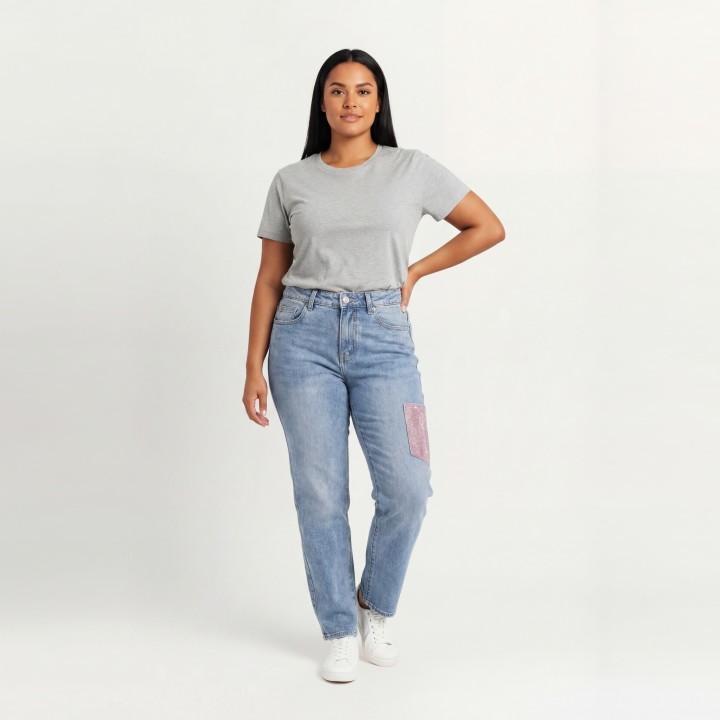 Jeans Rectos Mujer Low Rise Bolsillo Glitter Azul Claro