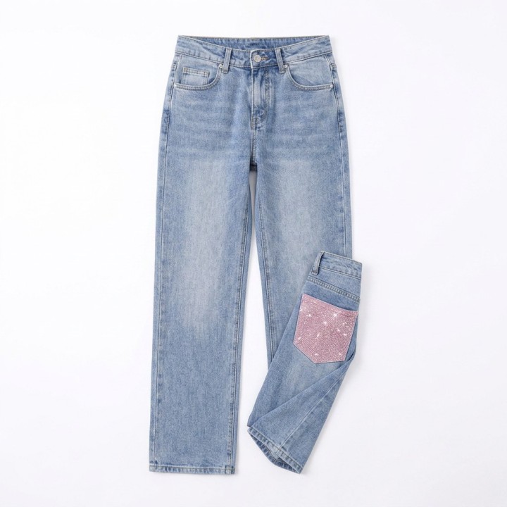 Jeans Rectos Mujer Low Rise Bolsillo Glitter Azul Claro