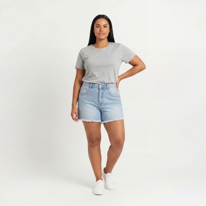 Shorts Vaqueros Mujer con Tachuelas y Pedrería Azul Claro