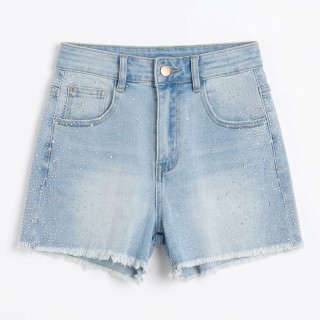 Shorts Vaqueros Mujer con Tachuelas y Pedrería Azul Claro