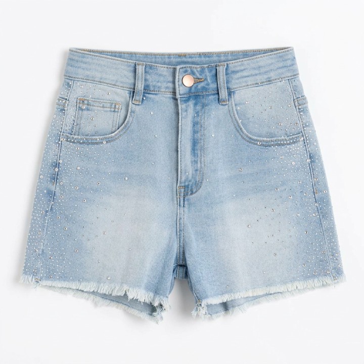 Shorts Vaqueros Mujer con Tachuelas y Pedrería Azul Claro