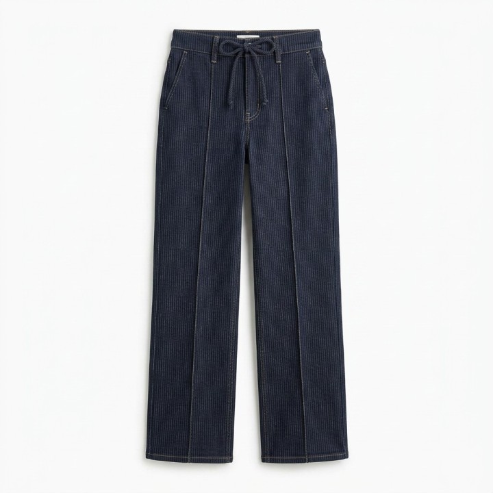Jeans Wide Leg Mujer con Cordón Azul Oscuro