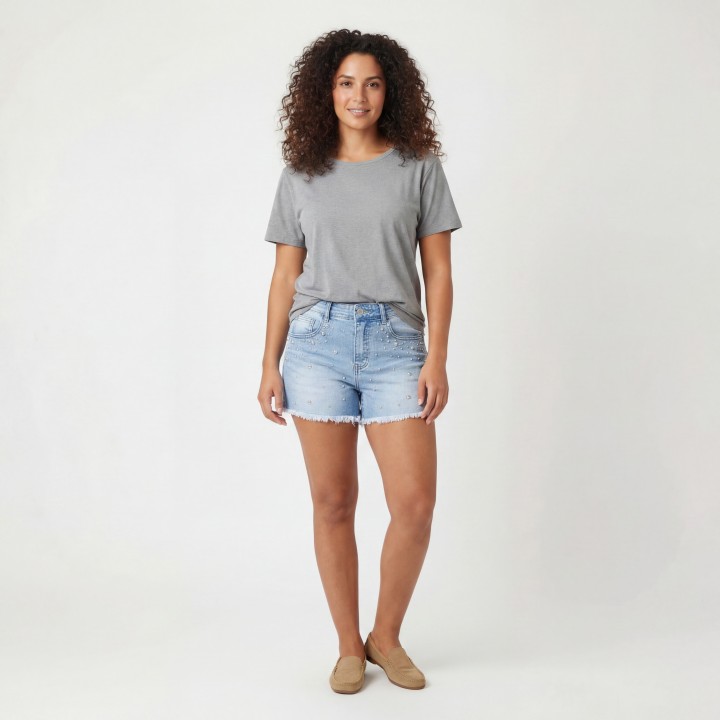 Shorts Vaqueros Mujer con Perlas Decorativas Azul Claro