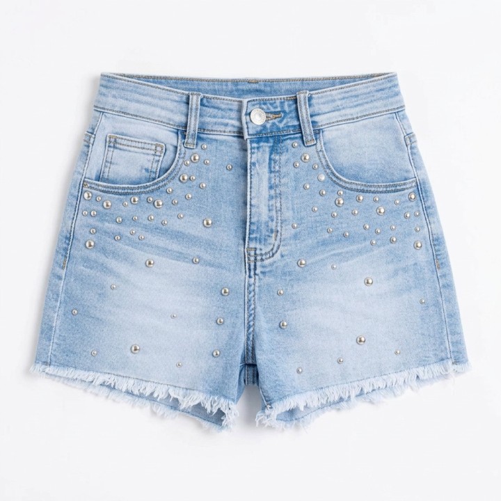 Shorts Vaqueros Mujer con Perlas Decorativas Azul Claro