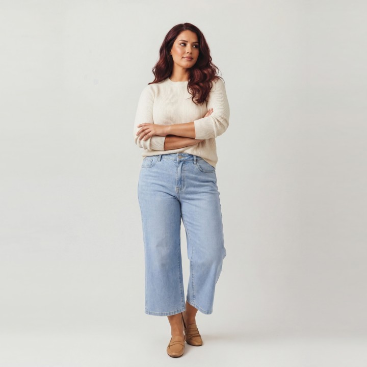Jeans Capri Mujer Wide Leg Azul Claro