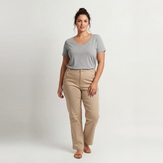 Pantalón Recto Mujer Camel Botones Decorativos