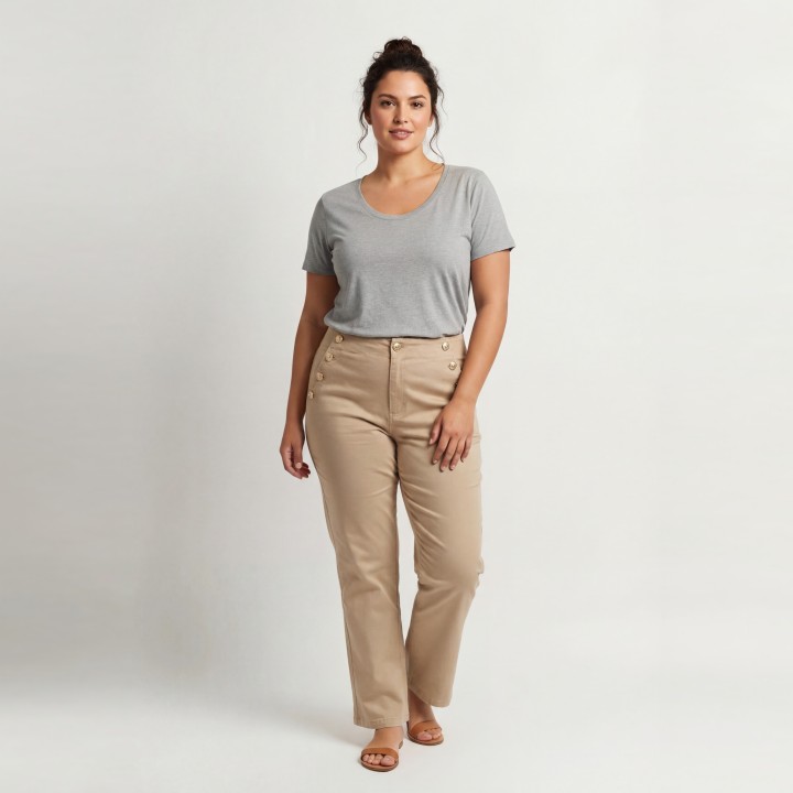 Pantalón Recto Mujer Camel Botones Decorativos