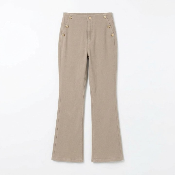 Pantalón Recto Mujer Camel Botones Decorativos