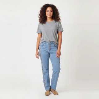 Jeans Rectos Mujer Azul Claro Bordado Floral