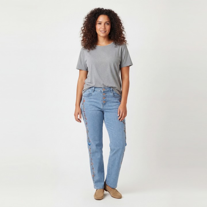 Jeans Rectos Mujer Azul Claro Bordado Floral