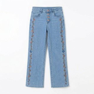 Jeans Rectos Mujer Azul Claro Bordado Floral