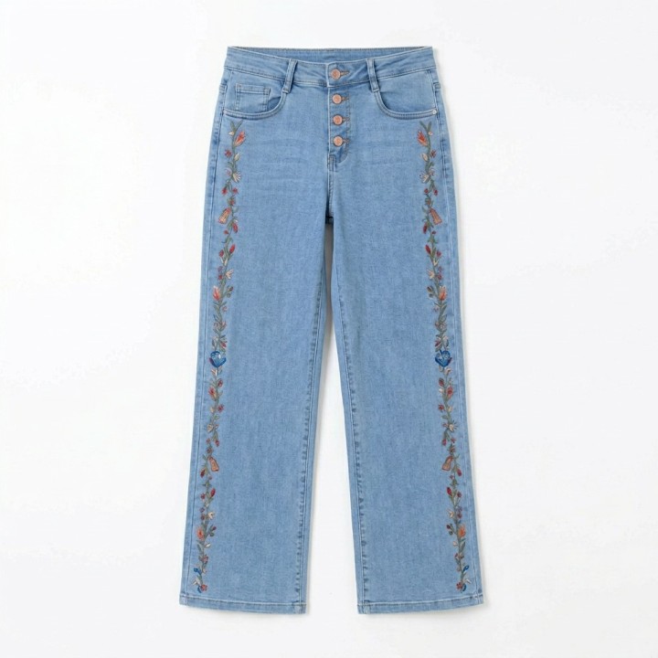 Jeans Rectos Mujer Azul Claro Bordado Floral