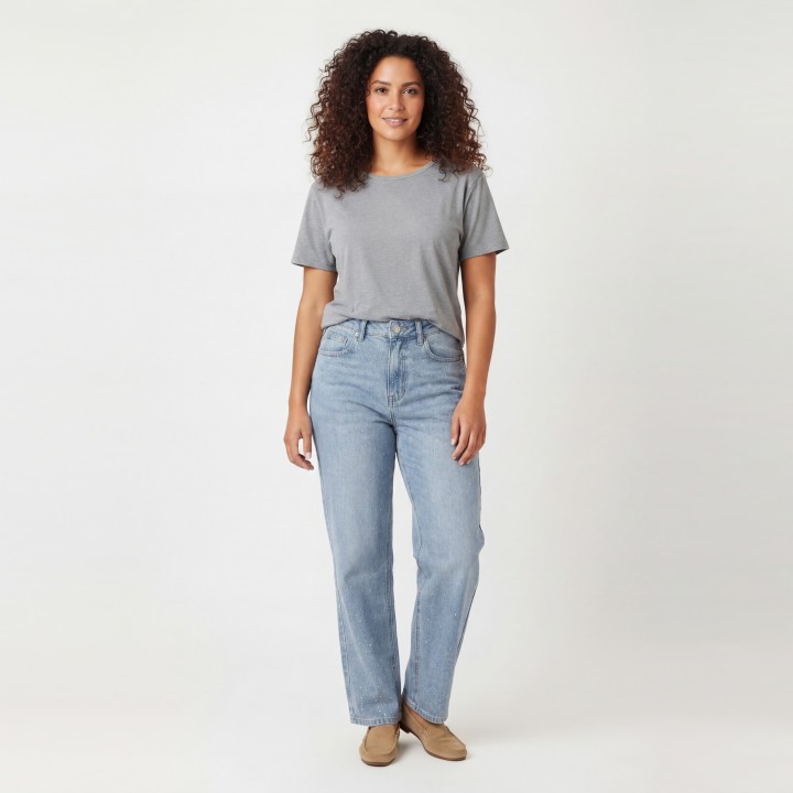 Jeans Wide Leg Mujer Azul Claro con Strass