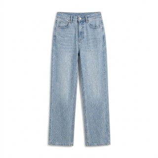 Jeans Wide Leg Mujer Azul Claro con Strass