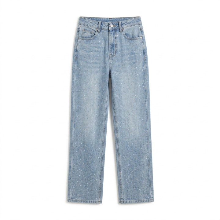 Jeans Wide Leg Mujer Azul Claro con Strass