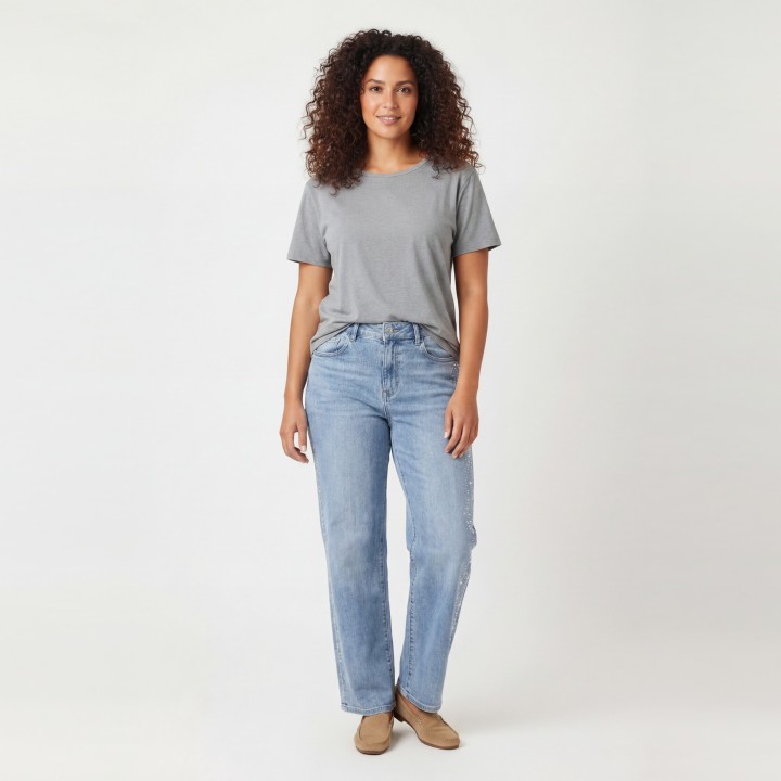 Jeans Wide Leg Mujer Azul Claro Detalles Brillantes