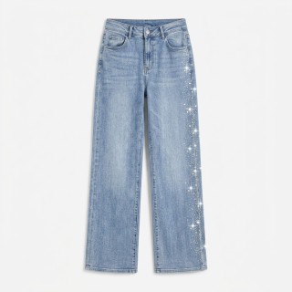 Jeans Wide Leg Mujer Azul Claro Detalles Brillantes