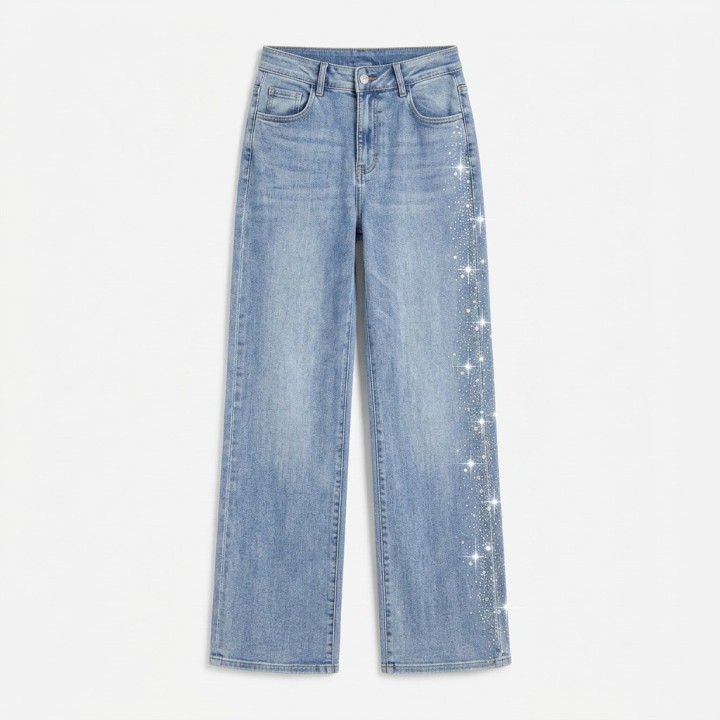 Jeans Wide Leg Mujer Azul Claro Detalles Brillantes