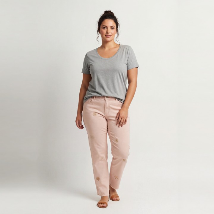 Pantalón Recto Mujer Rosa Palo Bordado Conchas
