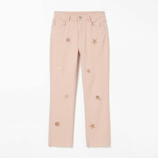 Pantalón Recto Mujer Rosa Palo Bordado Conchas