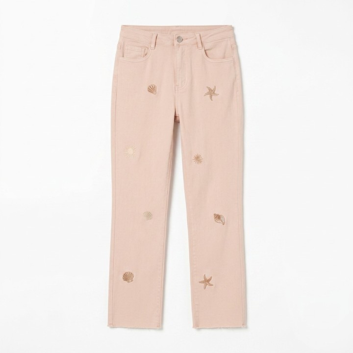 Pantalón Recto Mujer Rosa Palo Bordado Conchas