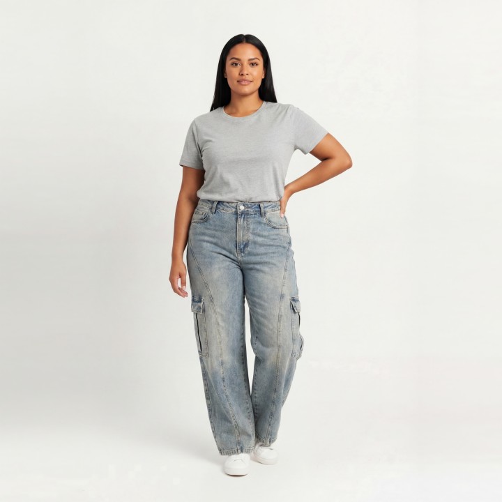 Jeans Cargo Wide Leg Mujer Gris Azul Vintage