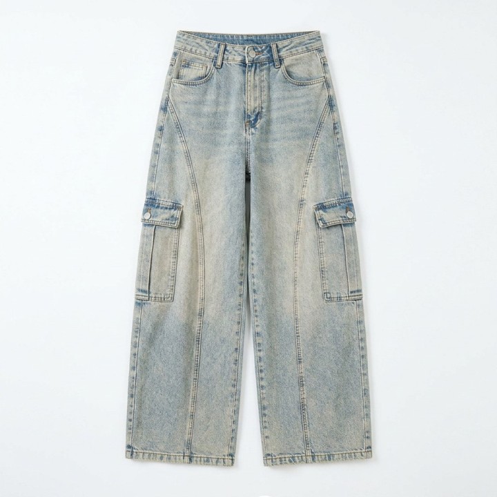 Jeans Cargo Wide Leg Mujer Gris Azul Vintage