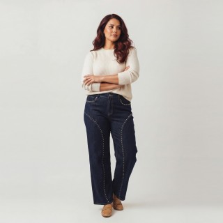 Jeans Wide Leg Mujer Azul Oscuro Tachuelas