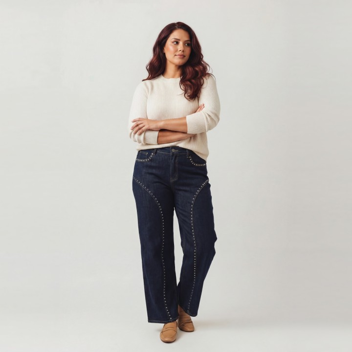 Jeans Wide Leg Mujer Azul Oscuro Tachuelas