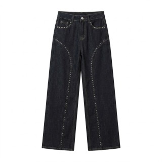 Jeans Wide Leg Mujer Azul Oscuro Tachuelas