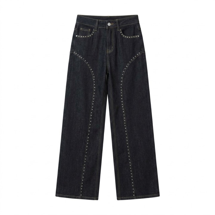 Jeans Wide Leg Mujer Azul Oscuro Tachuelas
