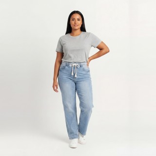 Jeans Wide Leg Mujer Azul Claro Cordón Cinturilla