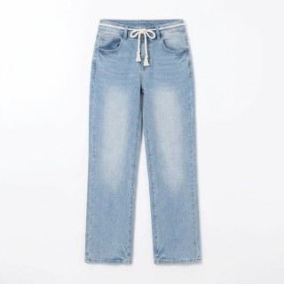 Jeans Wide Leg Mujer Azul Claro Cordón Cinturilla