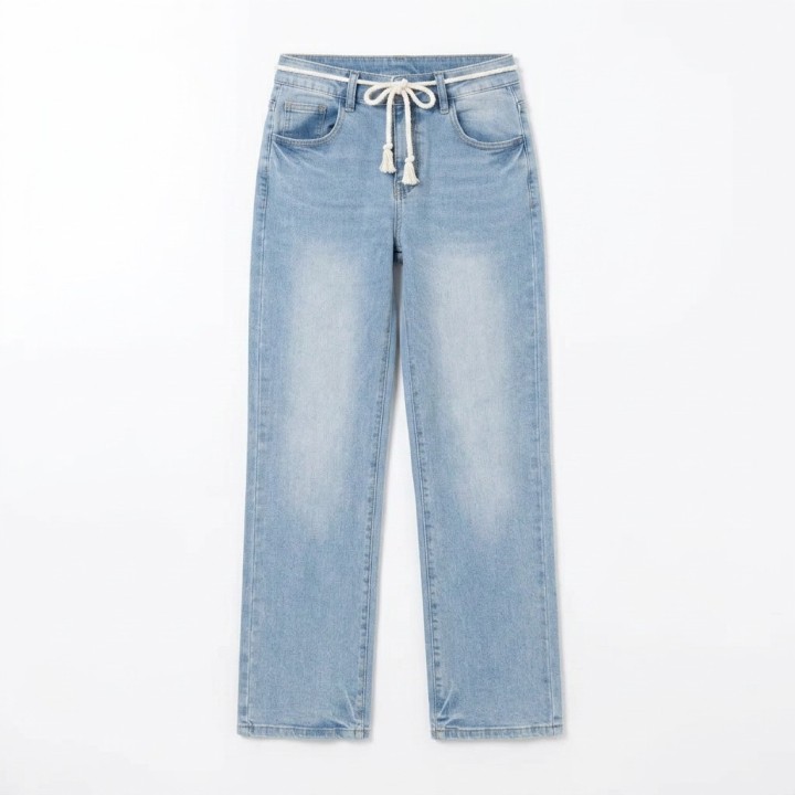 Jeans Wide Leg Mujer Azul Claro Cordón Cinturilla