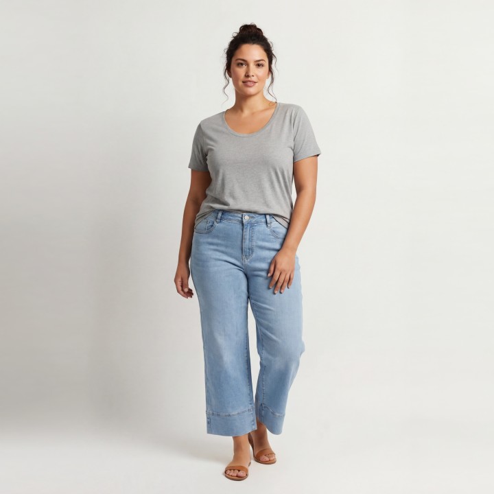 Jeans Culotte Mujer Azul Claro Bajo Doble
