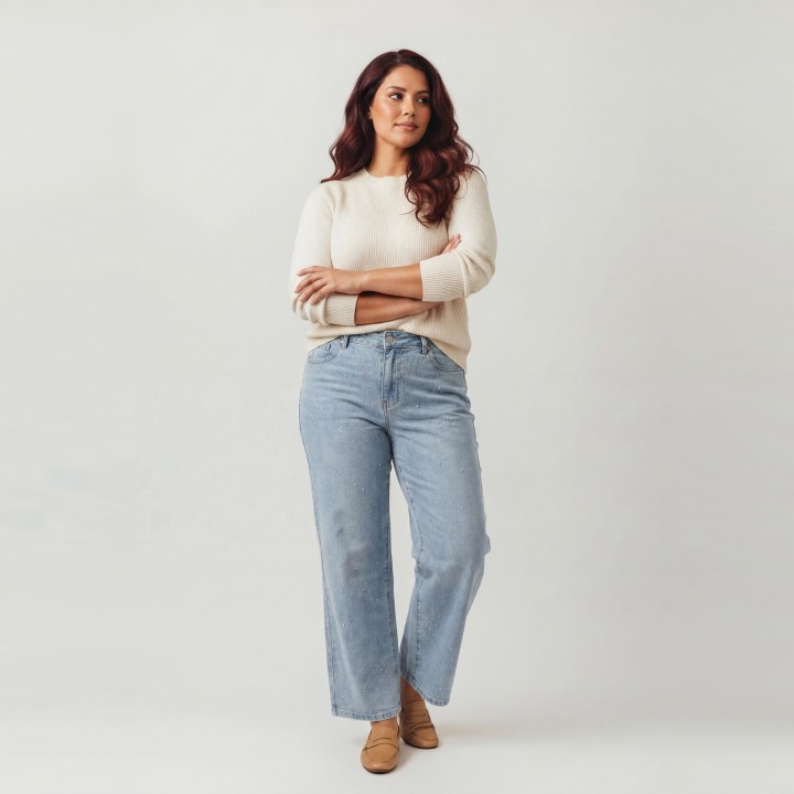 Jeans Wide Leg Mujer Azul Claro Strass Brillantes