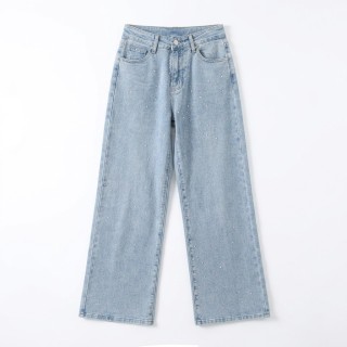 Jeans Wide Leg Mujer Azul Claro Strass Brillantes