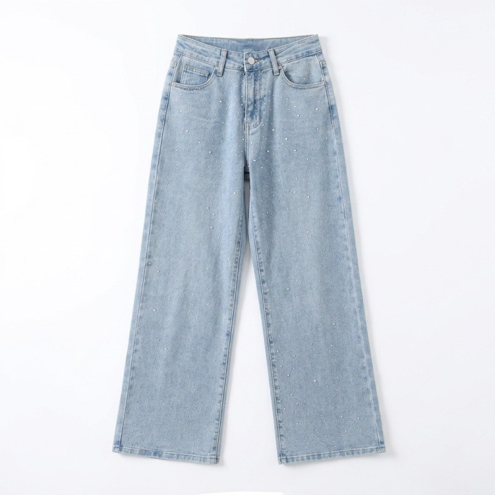 Jeans Wide Leg Mujer Azul Claro Strass Brillantes