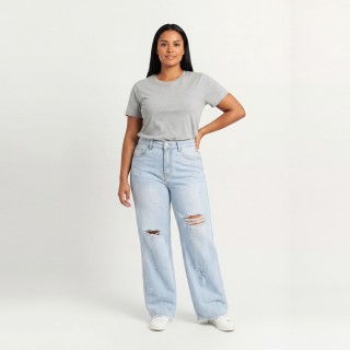 Jeans Wide Leg Mujer Azul Claro Rotura Rodillas