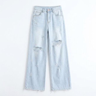 Jeans Wide Leg Mujer Azul Claro Rotura Rodillas